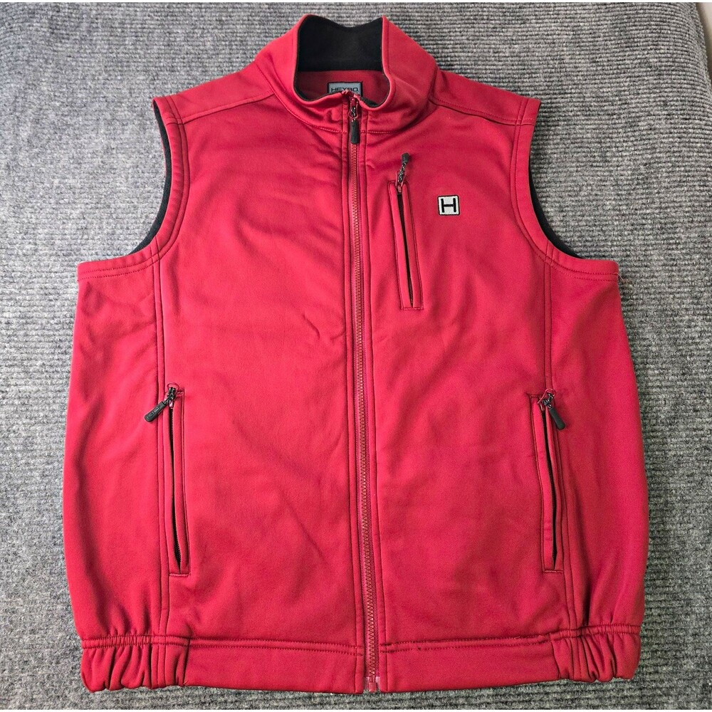 Heybo Men's Large Red/Black Fleece Vest Full Zip Zippered Pockets Polyester